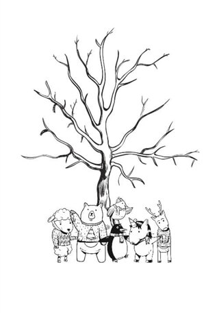 Fingeravtrycksaffisch med trä och unika djur